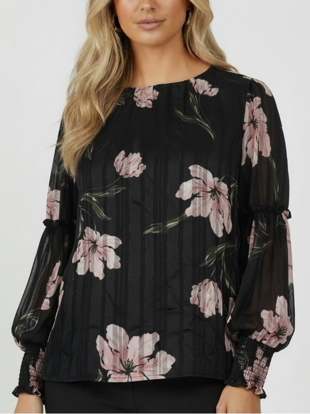 NWT CECE Black Shimmer Floral Sheer Elastic Cuff Long Sleeve Blouse Size X-Large